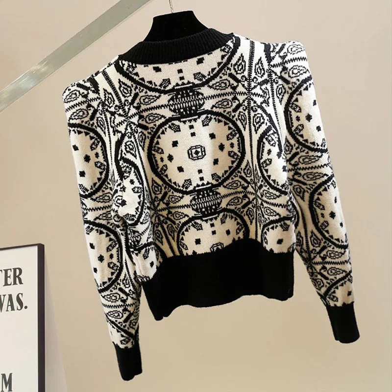 Geometric Knitted Soft Diamonds Beading Vintage ONeck Womens Sweater Korean Fashion Jumpers Female Short Pullovers Chic Tops 251013