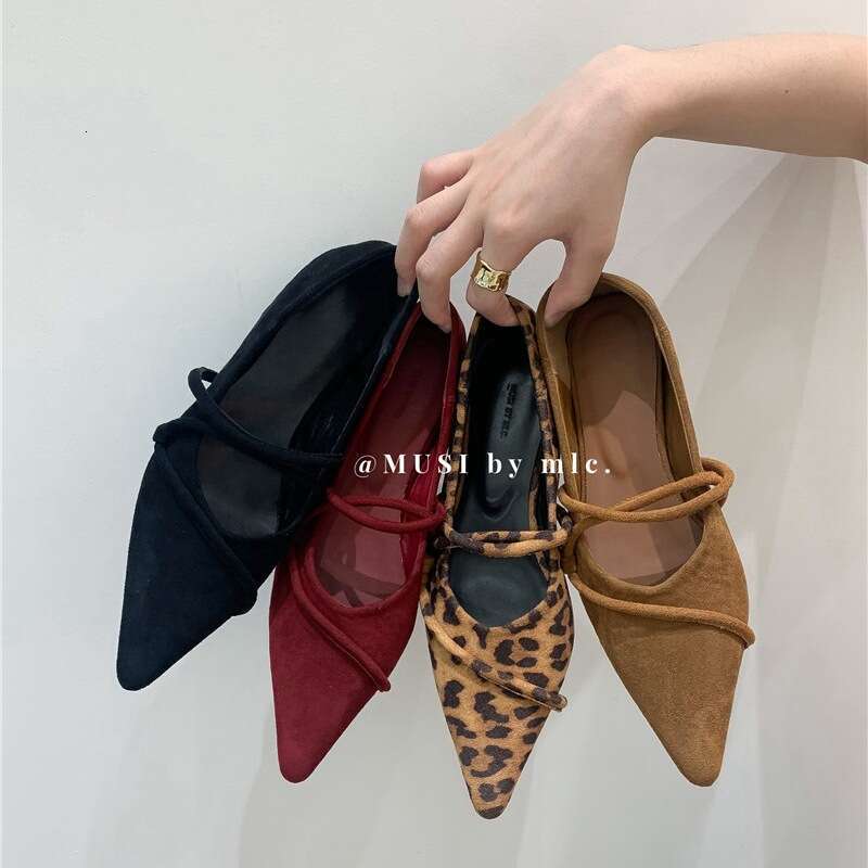 Leopard Print Suede Mary Jane Granny Shoes - 2025 New Style Women's Designer Shoe, Pointed Toe Shallow Mouth with One Strap & Wearable Hidden Wed