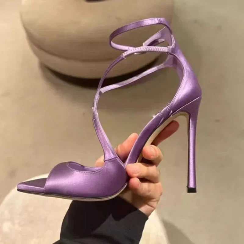 Luxury Satin Designer Women Pumps Sexy Cross Strap Square Toe Heeled Sandals Elegant Purple Thin High Heels Party Dress Shoes Z251015