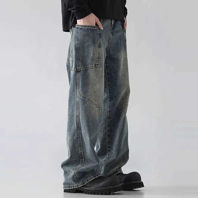 Korean Style Large Pocket Workwear Jeans Retro Blue MenS Baggy Jeans Straight Leg Pants Casual Wide Leg Pants Casual Pants Y251105