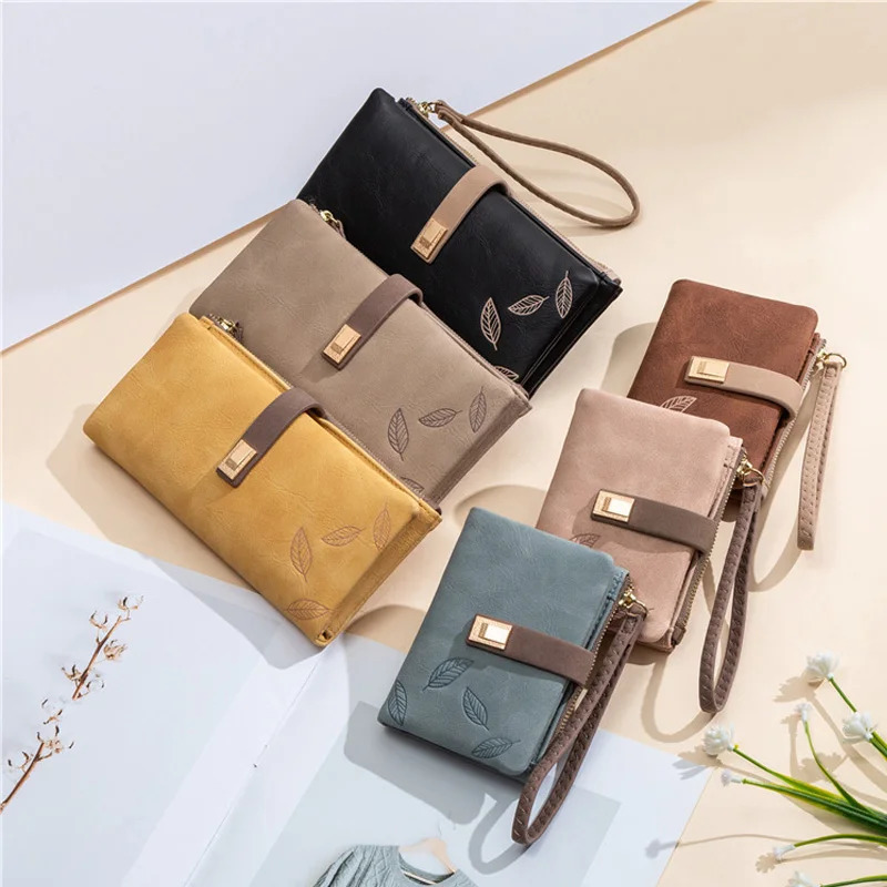 Women Wallet Fashion Long Retro PU Leather Credit Card Holder Frosted Leaf Print Buckle Zip Purse Female Handbag Wallets 251015