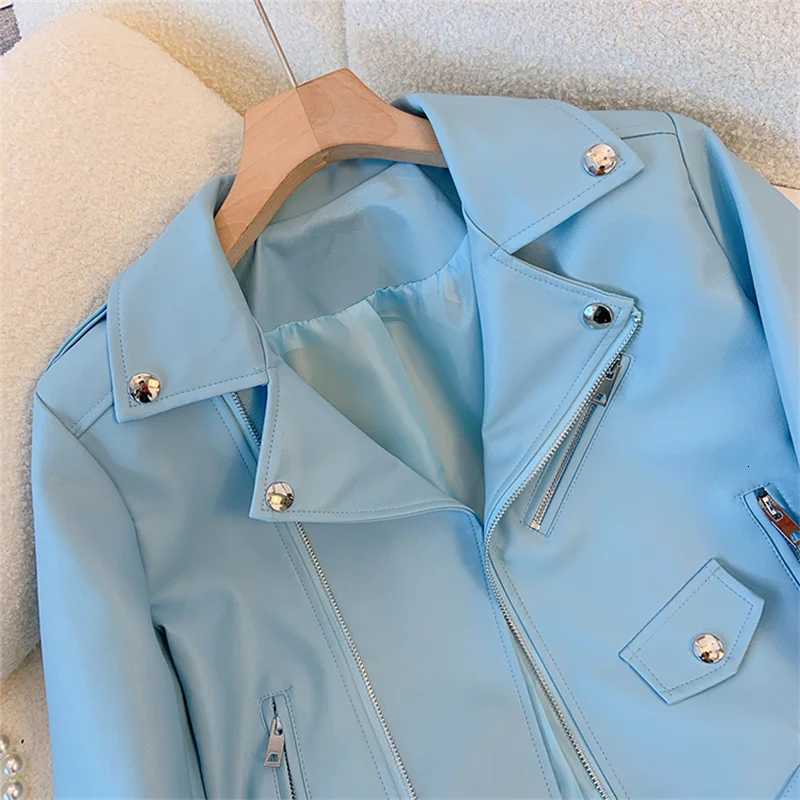Black White Sky Blue Faux Pu Leather Jacket Women Slim Short Coat With Belt Lapel Long Sleeve Spring Autumn Female StreetwearT251017