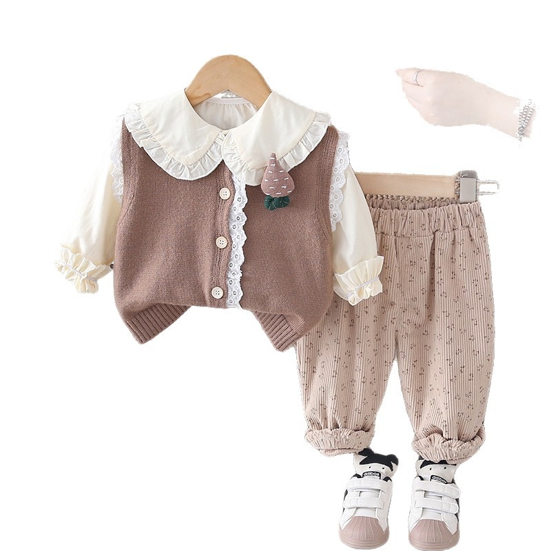 Girls' Autumn Set 2025 New Fashionable Baby Lace Sweater Vest Children's Casual Spring and Autumn Three Piece Set free shipping designer