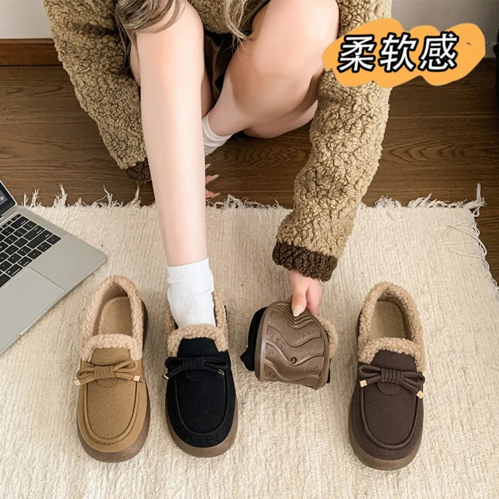 Women Winter Casual Shoes Moccasins Soft Flat Nonslip Loafers Fashion Comfort Warm Plush Bow Slip on Female Cotton Shoes 251013