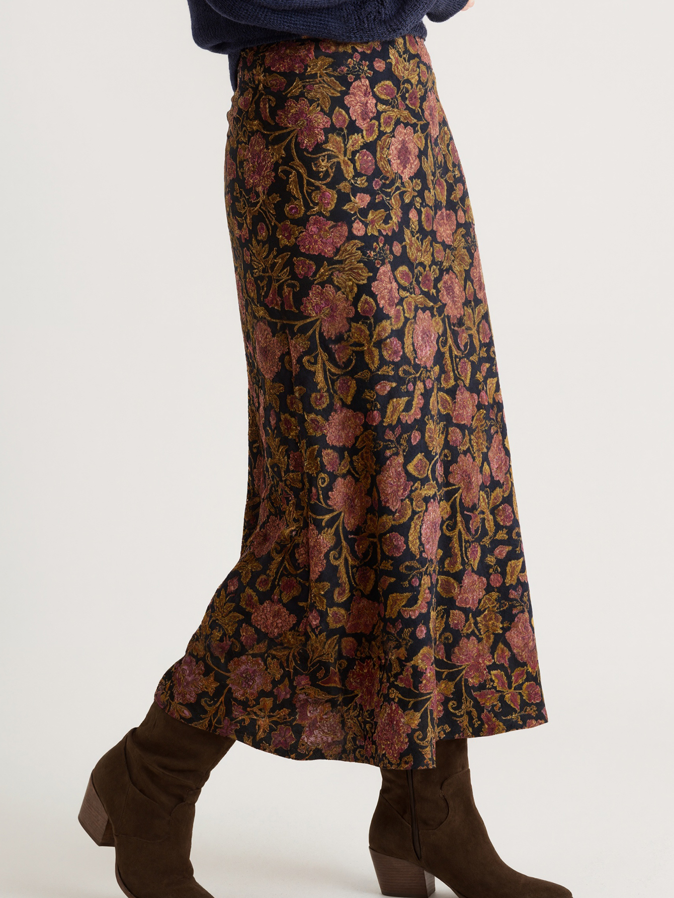 Women's Plus Size Autumn Winter Retro Floral Print Midi Skirt - Casual Fashion Versatile Skirt-YL24076