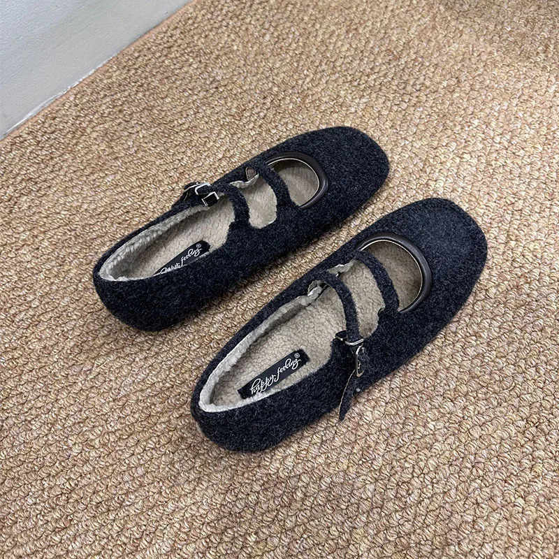 Fashion Square Toe Flats Fur Shoes For Ladies Furry Female Buckle Strap Footwear Women Mary Janes Flats With Plush Shoes 251013