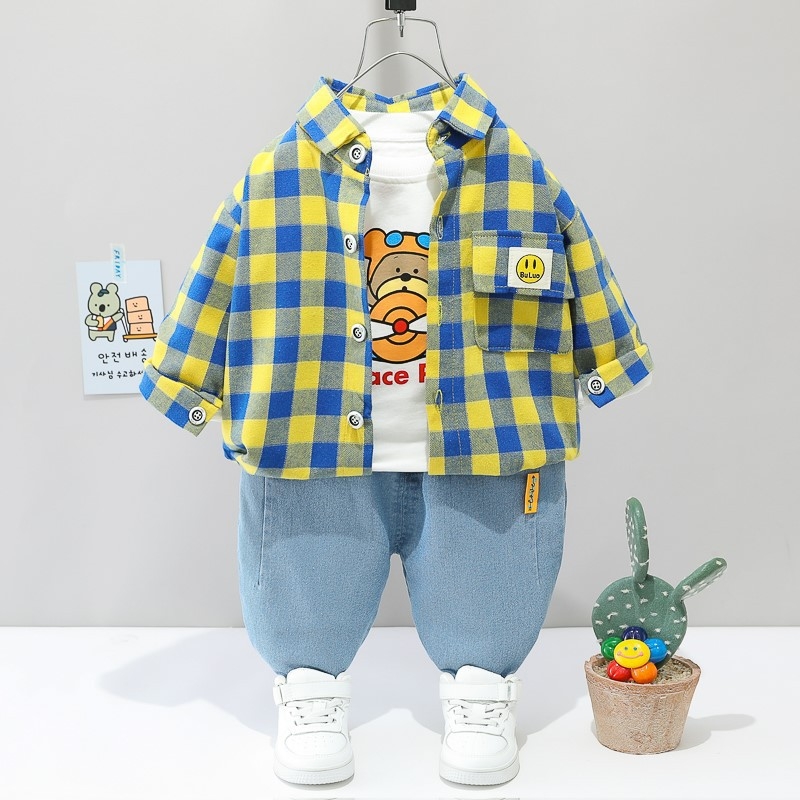 Children's outer set baby boys and girls spring and autumn clothing 1-4 years old foreign trade boys' checkered shirt denim three piece set