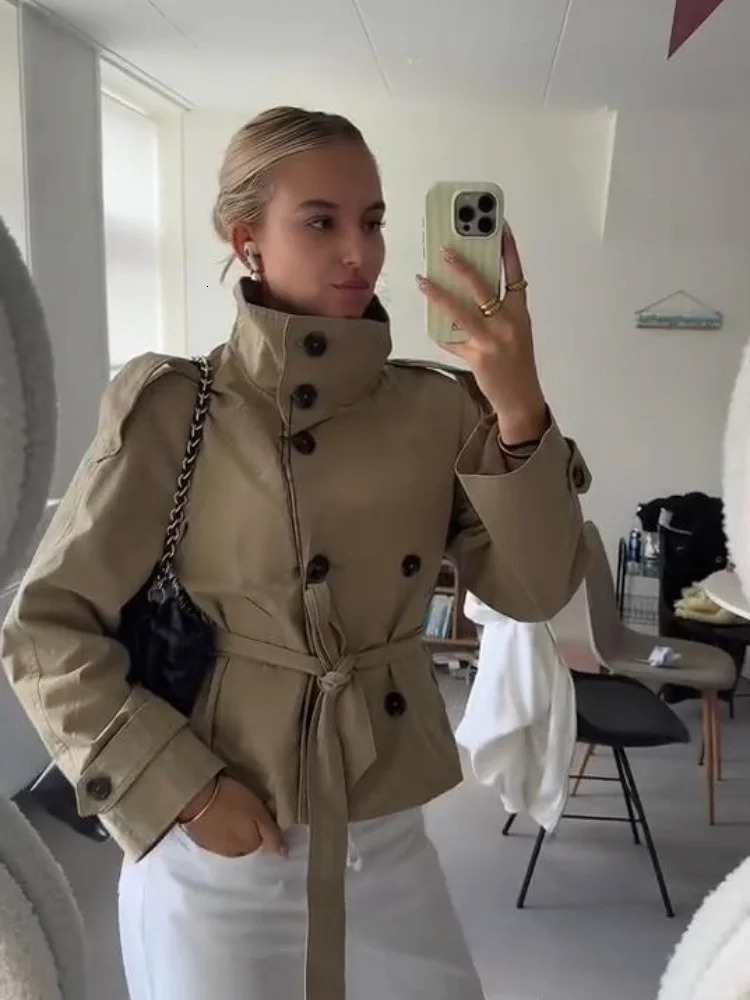 Womens Chic Doublebreasted Stand Collar Belted Waist Cropped Trench Coat Shoulder Epaulets Autumn Casual Street Outerwear 251022 - view 5