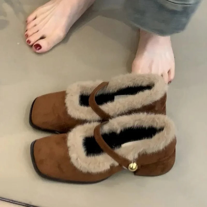 Furry Womens Mary Janes Shoes High Heels Square Toe Plush Snow Boots Winter Warm Cotton Shoes Elegant Pumps Mujer Zapatos 251013