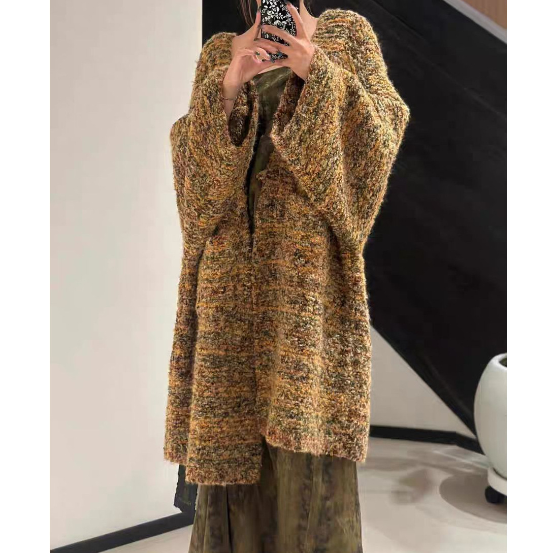 2025 Designer fashion Jacket Autumn/Winter New Collection Retro High end Lazy Style Luxury Slimming Bright Women's Medium length Knitted Open Kni