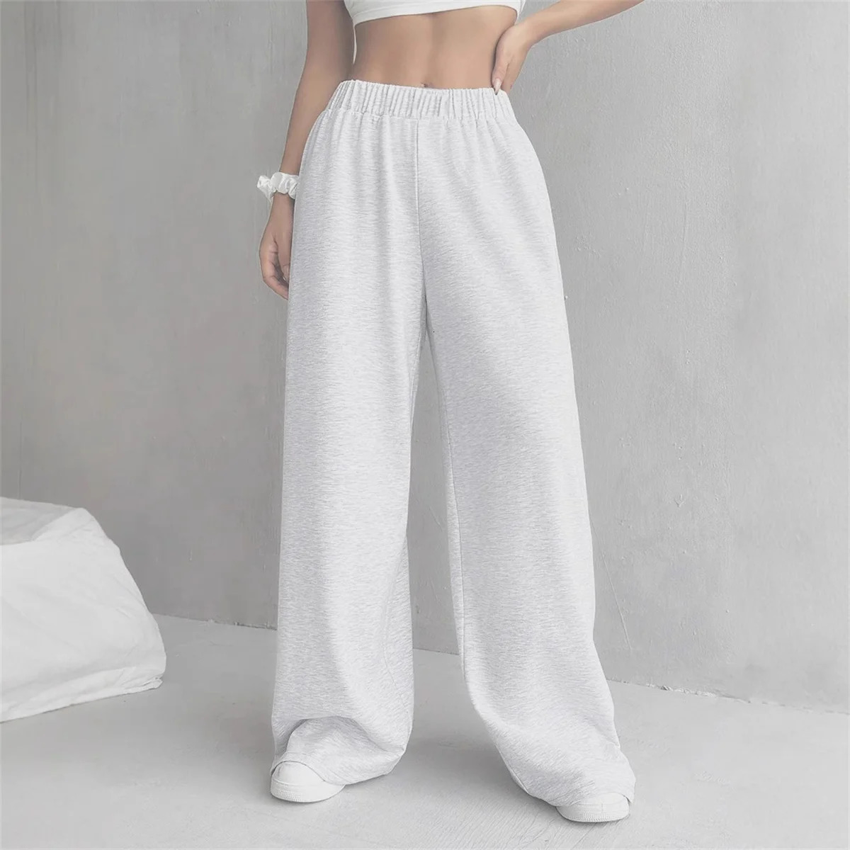 Fashion Elastic Waist Pant Solid Spring Autumn In Vintage Simple Casual Trousers Female Straight Wisd Leg Pants Street 251017