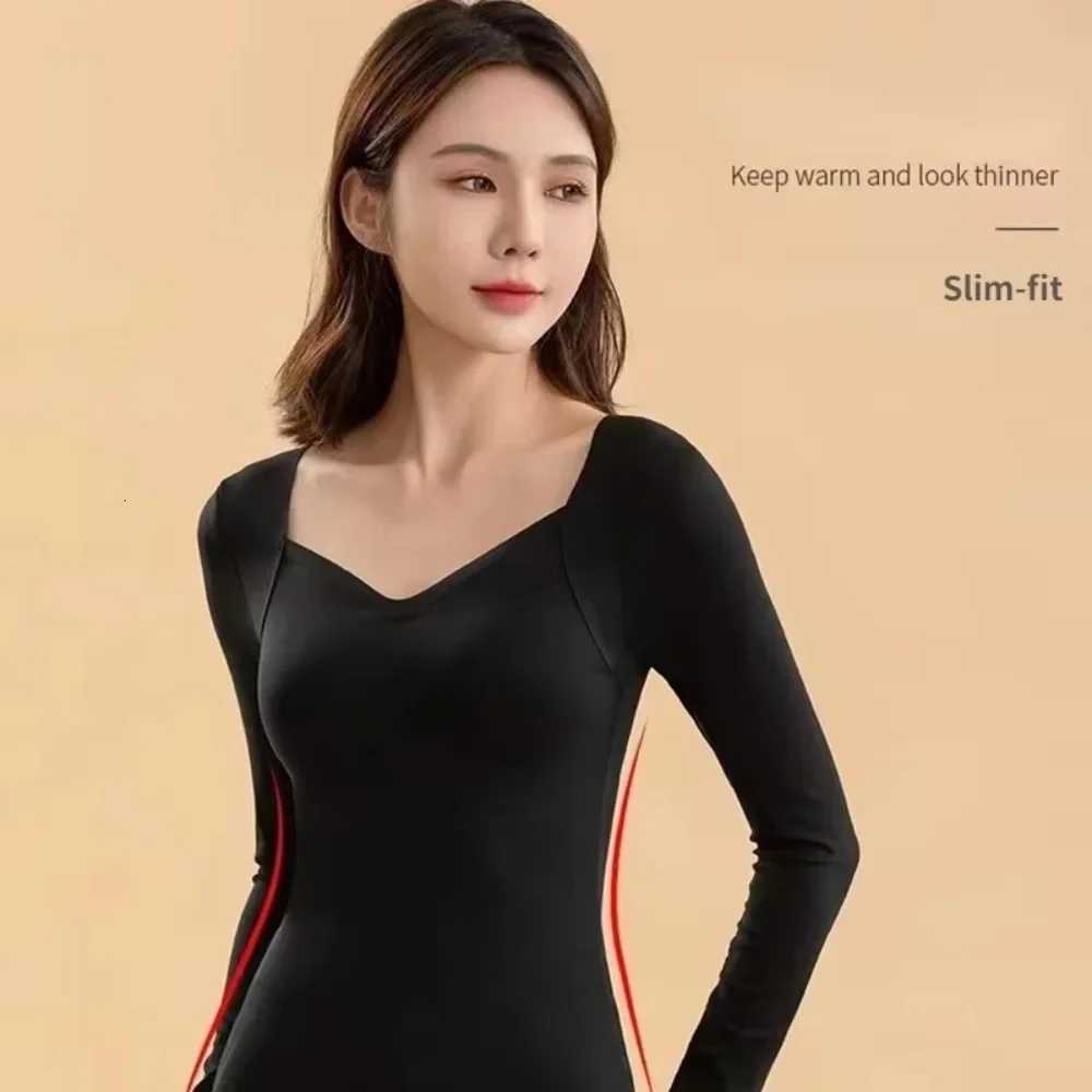 Winter Thermal Underwear Tops for Women Long Sleeve Sexy V Neck with Fixed Cup Warm Plush Lingerie Female Seamless Thermal Shirt T251018