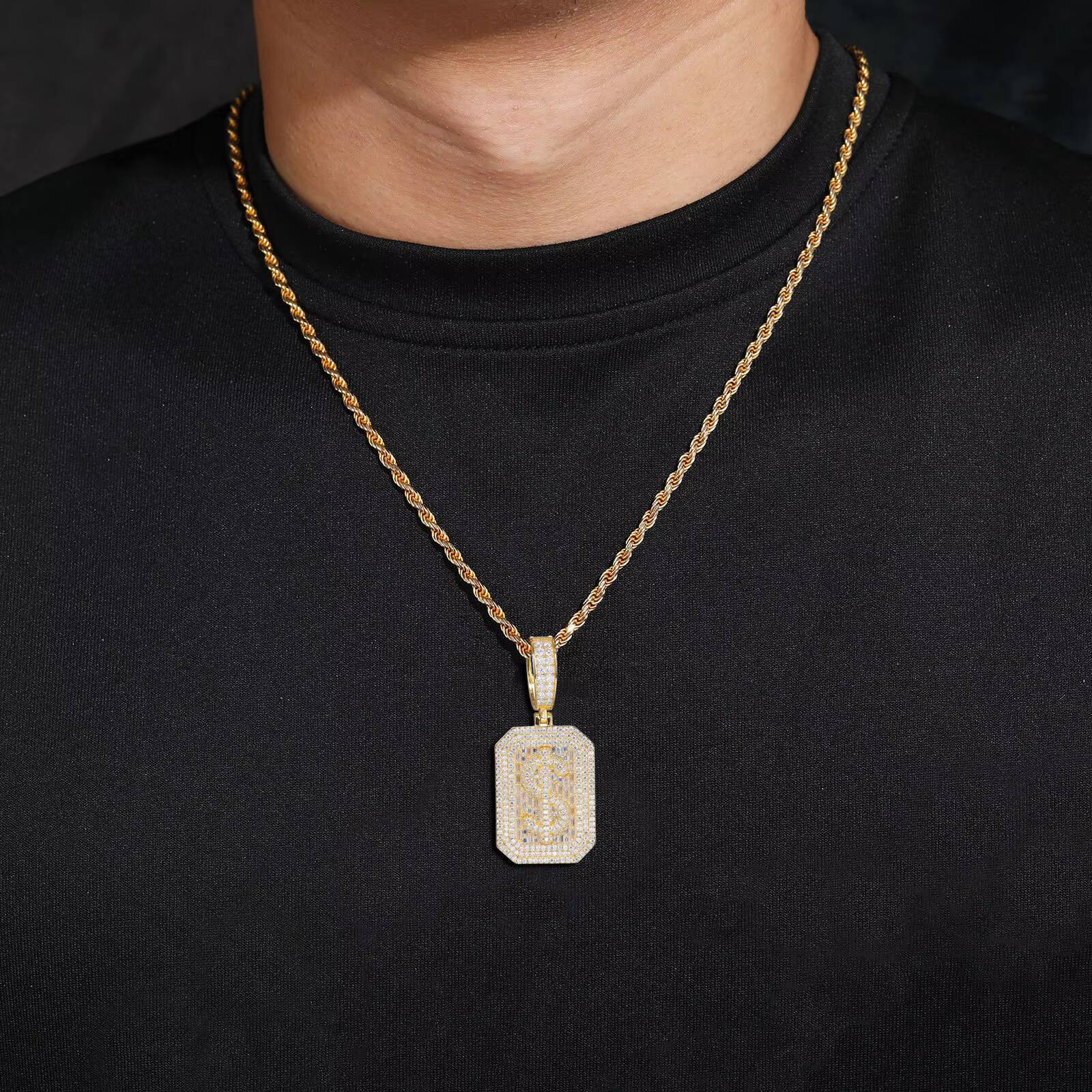 New Arrival 925 Sterling Silver Moissanite Dog Tag Pendant Necklace Iced Out Baguette Dollar Sign Hip Hop Jewelry for Men