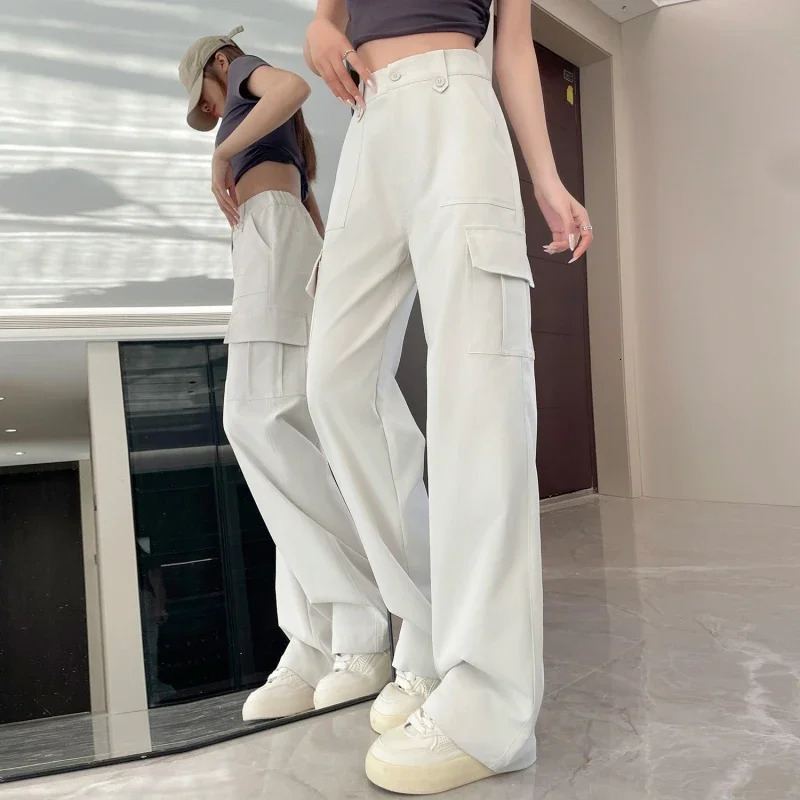 Spring Summer Vintage Loose Cargo Womens Wide Leg Full Pants High Waist Solid Female Elegant Straight Casual Trousers 251017