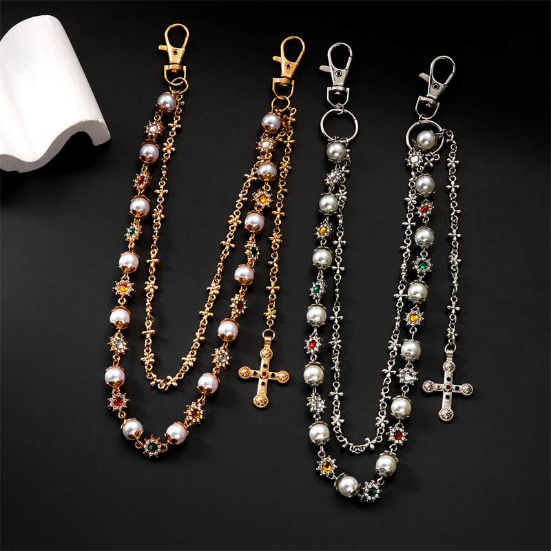 cross-border pearl trouser chain trendy men's hip-hop style niche high-end cross pendant jeans chain jewelry