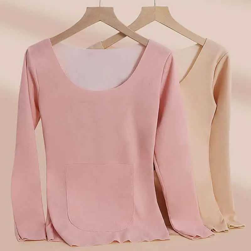 Autumn Winter De Rong No Trace Underwear Women Pockets Thick Velvet TShirts Warm Long Sleeve T Shirt Tees Ladies T251018
