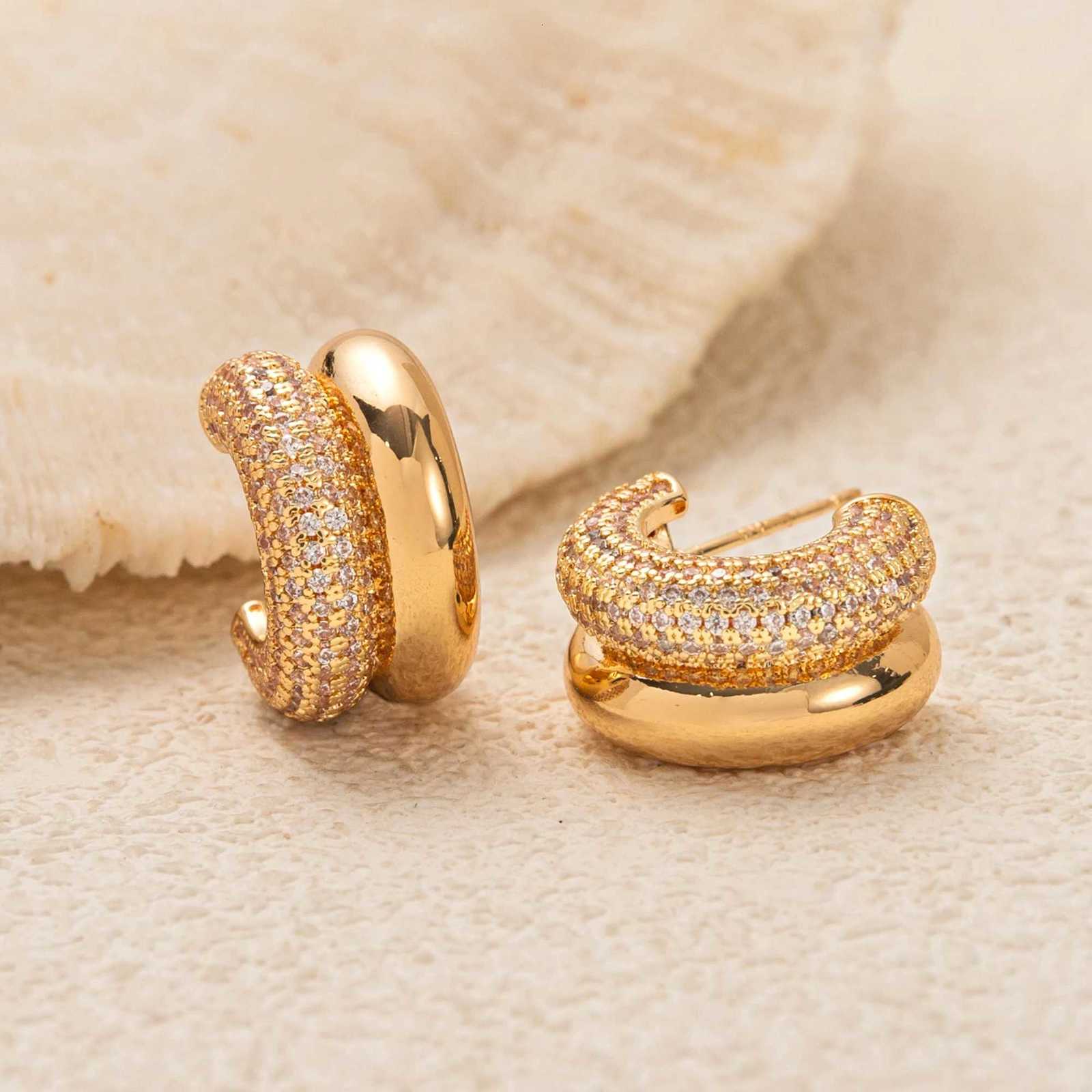 Stainless steel temperament double ring Cshaped earrings female design niche inlaid zircon earrings color preservation Y251018