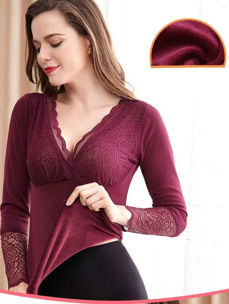 Soft Women Winter Thermal Underwear Long Sleeve Basic Layer Pullovers Velvet Lined Tops Lace VNeck Plus Size Blouse Warm Shirt T251018