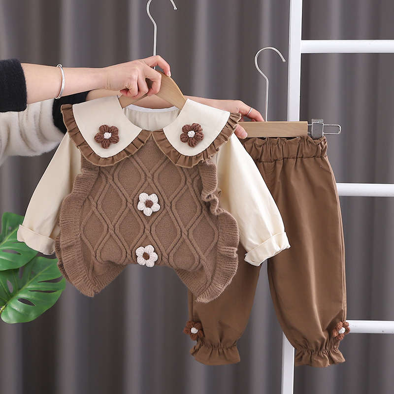 2025 Girls' Spring Clothing Academy Style Set Long Sleeve Double Flower Sweater 3-Piece Set Western Style for Children and Babies