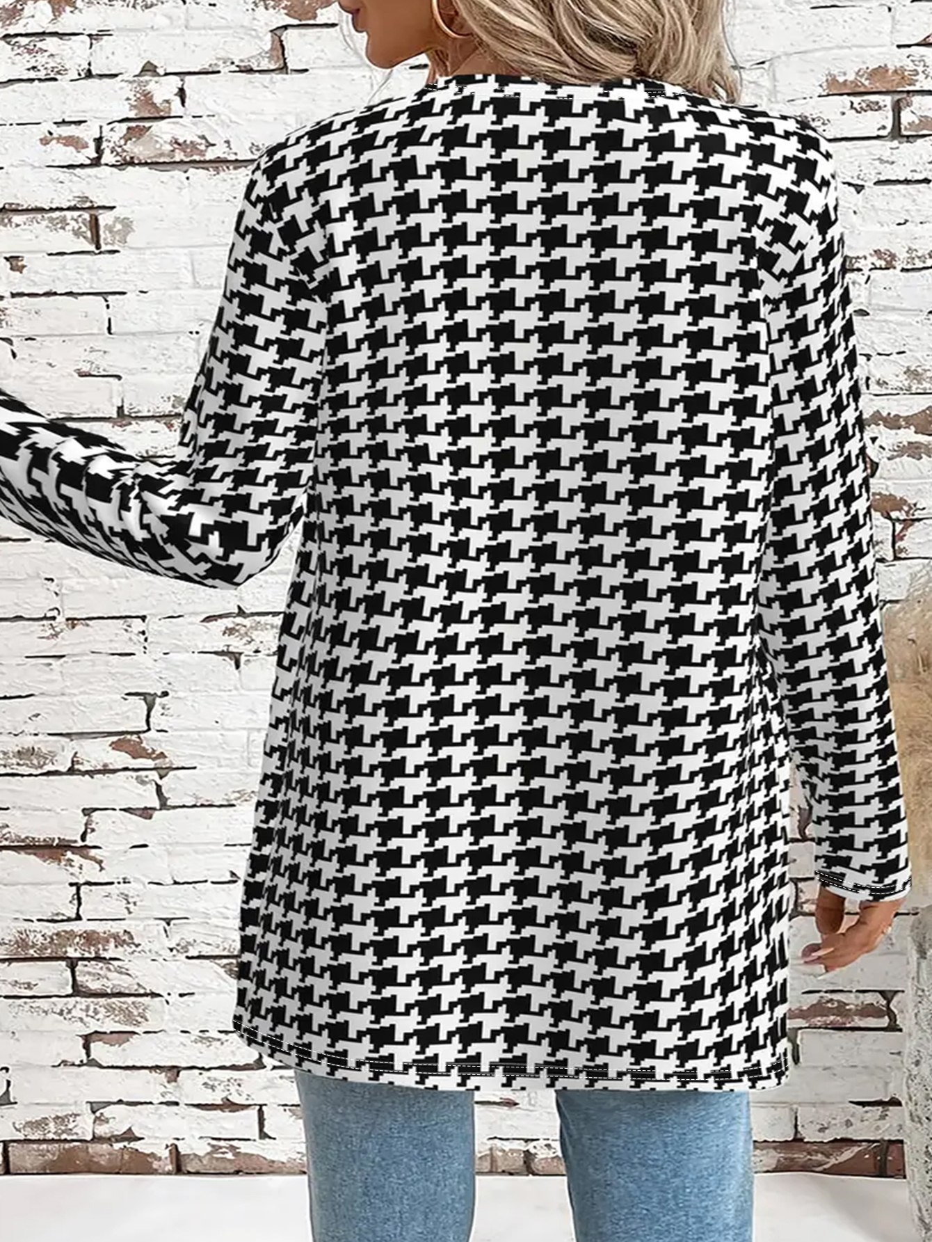 Women's Plus Size Autumn Winter Houndstooth Print Open-Front Cardigan - Elegant Daily Office Versatile Coat-YL25402