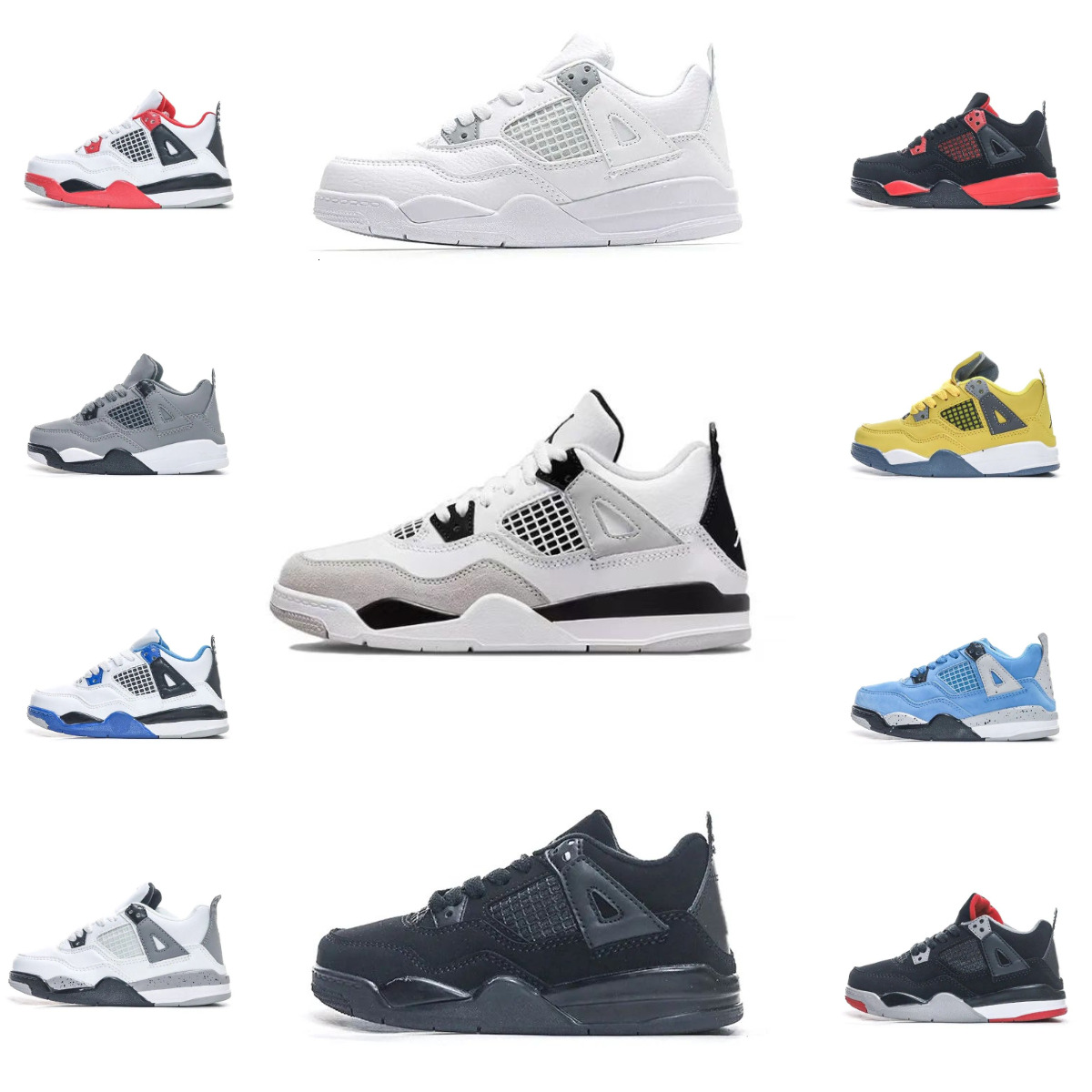 J4 4 Kids Basketball Shoes Trainer Military Black Fire Red 4S Pure Money Blue Black Cat White Cement Baby Outdoor Shoe Boy Girl Sports What The Red Thunder Sneakers S9