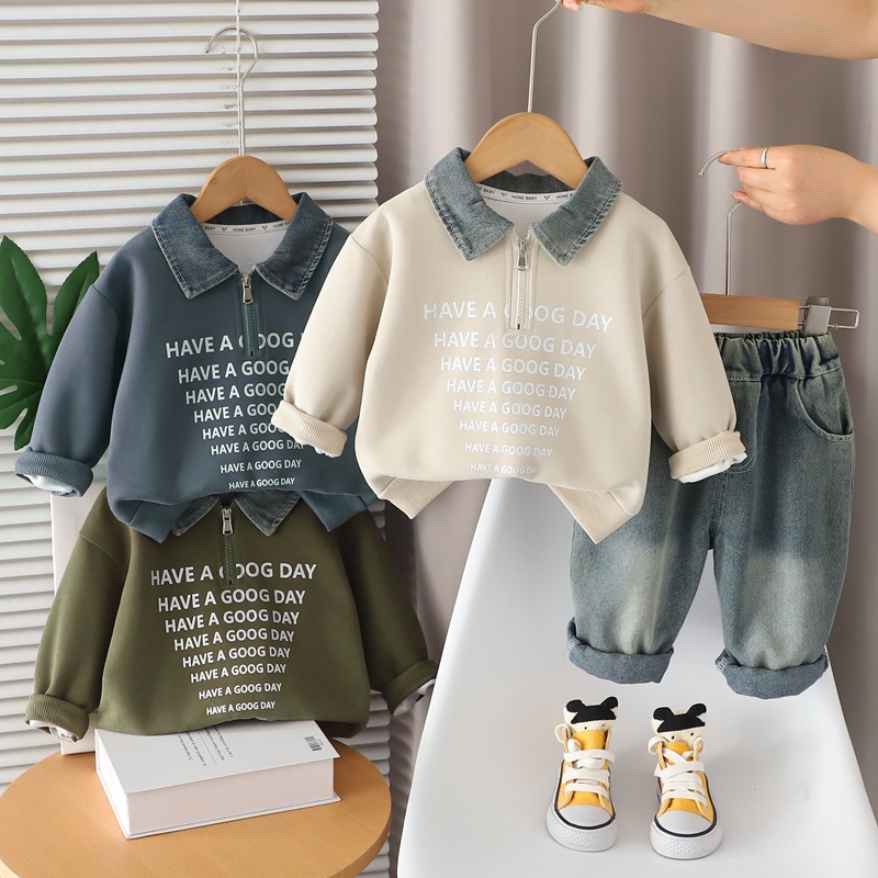 Boys' autumn outfit set with half zipper denim collar, baby polo, baby and children's two-piece set, new stylish spring and autumn hoodie