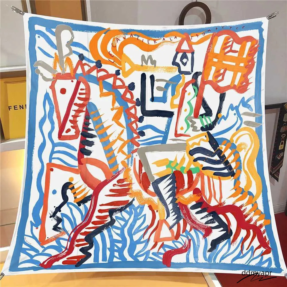 ddmyApr 90Cm Twill Silk Scarf Shawl Graffiti Horse Print Square Women Hijabs Bandana Foulard Neckerchief Head Scarves M250709