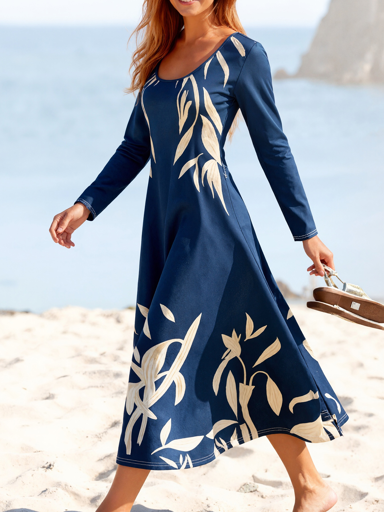 Women's Autumn Winter Botanical Floral Print Long Sleeve Maxi Dress - Elegant Office Casual Navy Blue Dress-CF56264