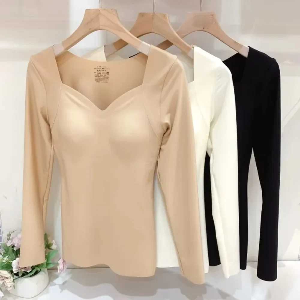 Winter Thermal Underwear Tops for Women Long Sleeve Sexy V Neck with Fixed Cup Warm Plush Lingerie Female Seamless Thermal Shirt T251018