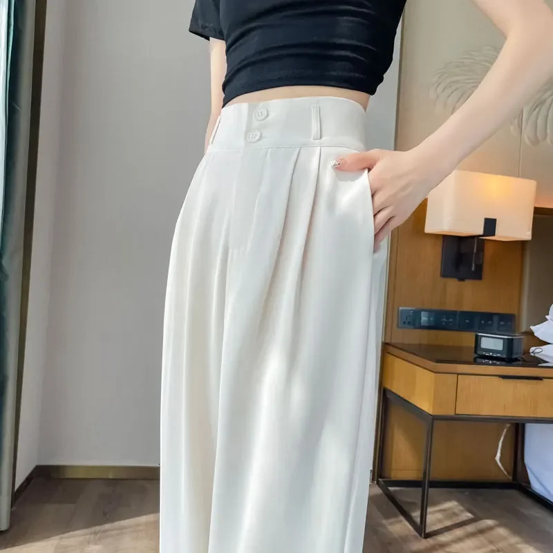Spring Summer Button High Waist Wide Leg Pants for Women White Straight Loose Full Length Trousers Female 251017