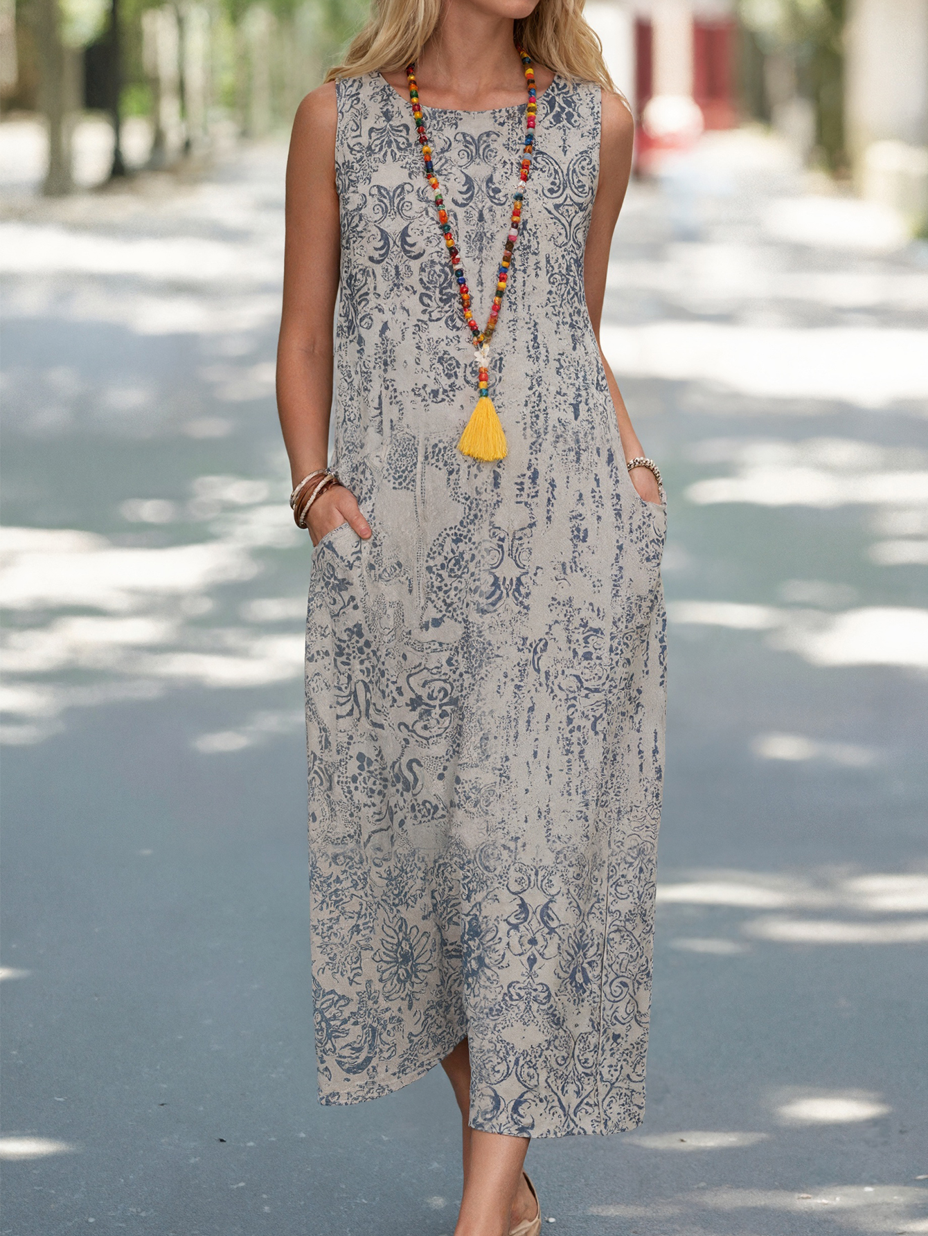 Women's Retro Ethnic Print Sleeveless Maxi Dress - Boho Casual Fashion Long Dress-CF43695