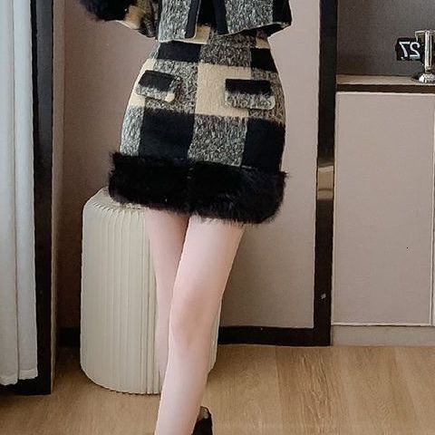 2025 Autumn/Winter Designer Jacket New Top Elegant Social Women's Set High End Checkered Wool Short Coat and High Waist Luxury Short Skirt Two fa