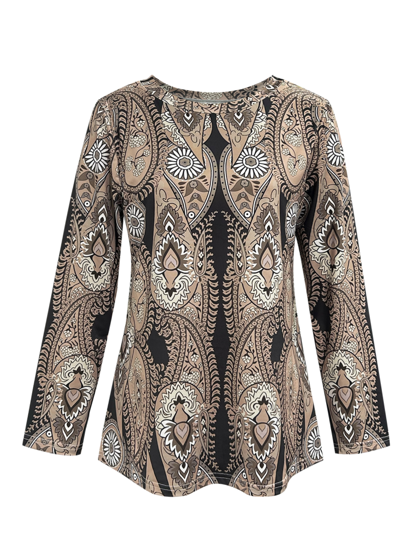 Women's Autumn Winter New Ethnic Style Casual Versatile Crew Neck Long-Sleeve T-Shirt - Camel Color Milk Silk Top-CF41053