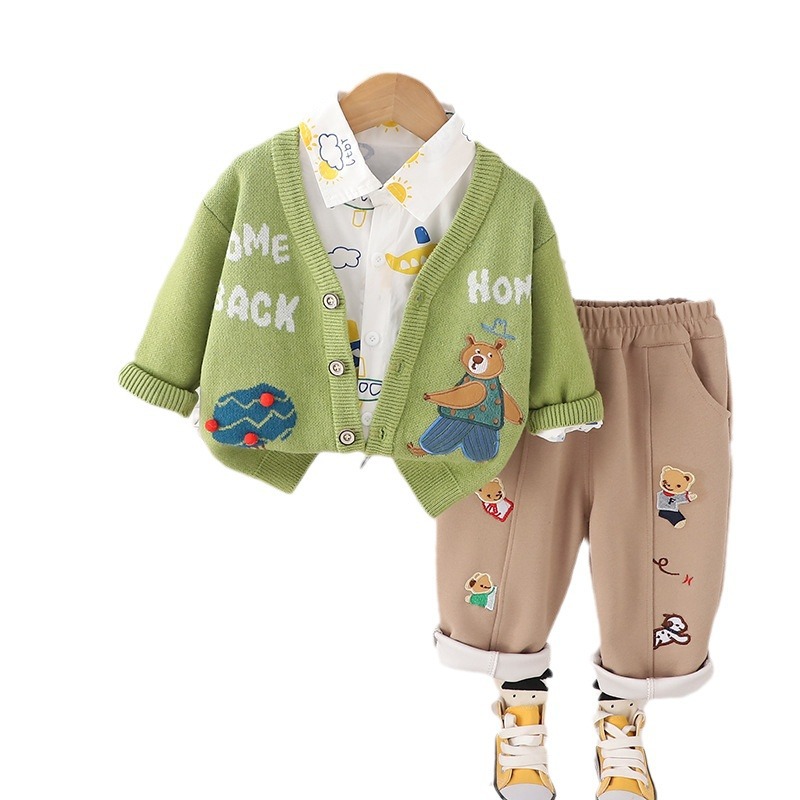 2025 new children's clothing for boys and babies, autumn outfit set, teddy bear cardigan three piece set, one and a half year old baby