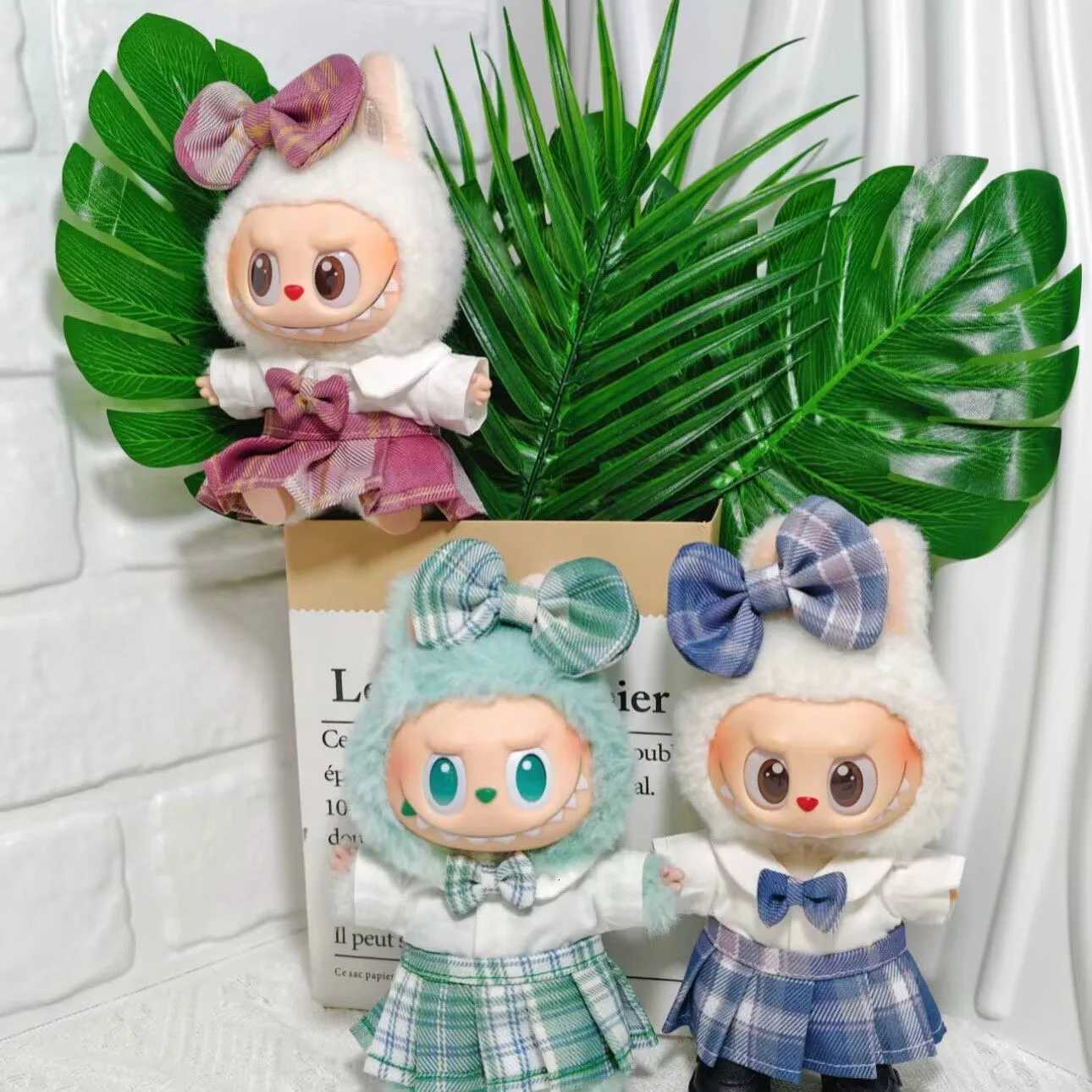For 17cm Labubus Mini Doll clothes Bow headband shirt JK plaid skirt set Labubu girl clothing Outfit shoes camera accessorieT251018