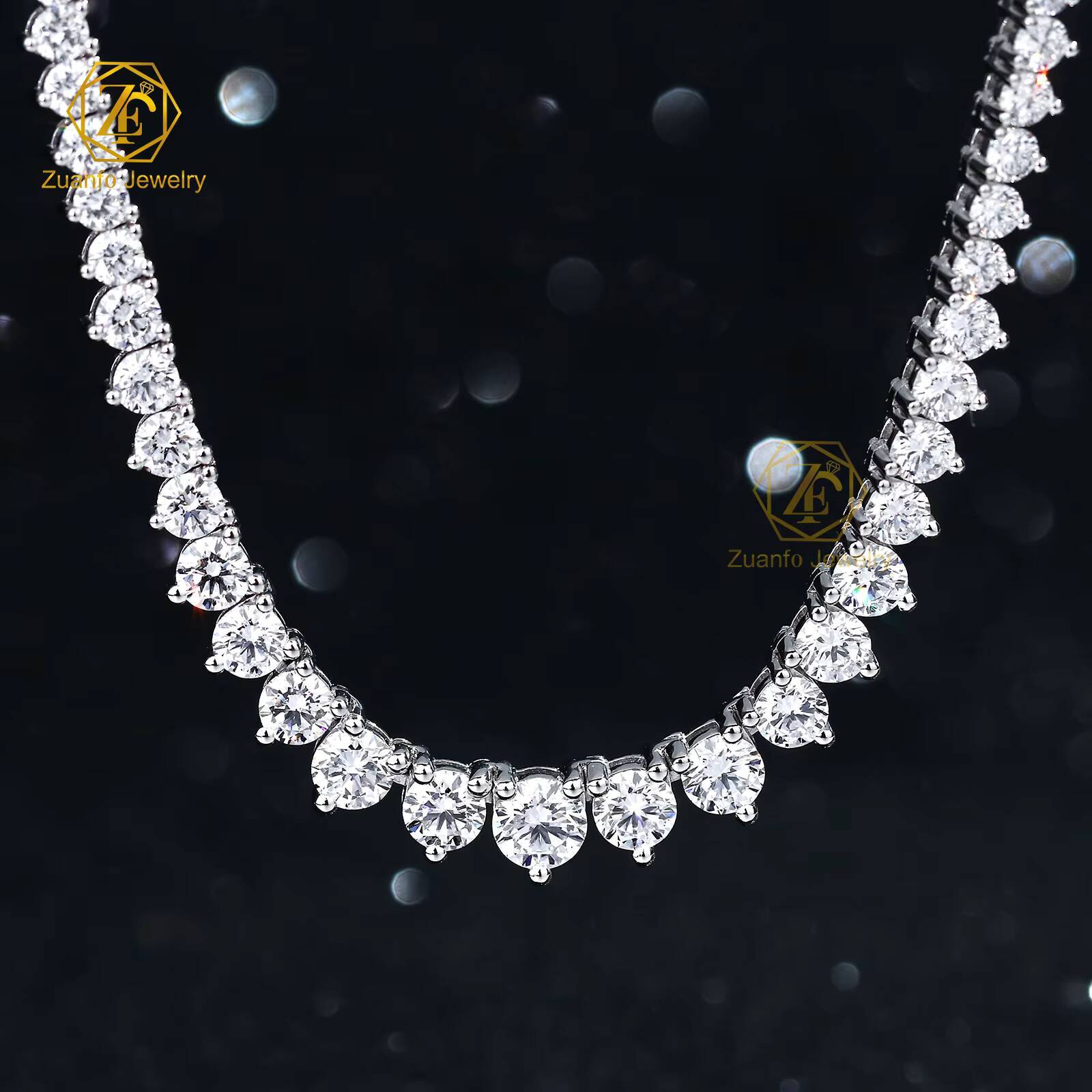 925 Silver Tennis Chain Necklace 25mm Graduated Lab Grown Diamonds Martini ProngSet Tennis Chain Necklace