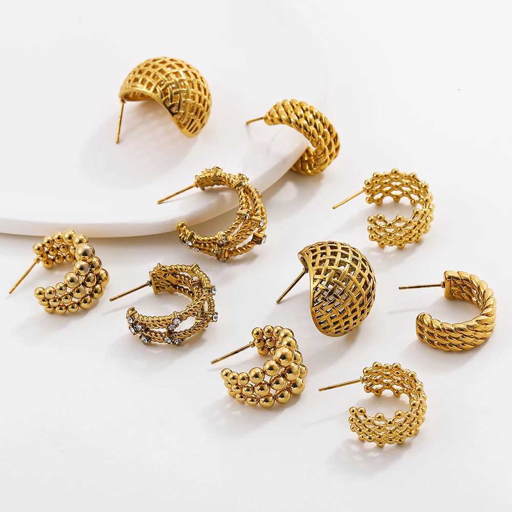 Vintage Hollow Woven Stainless Steel Round Chunky Hoop Earrings for Women Golden Color Multilayer Beaded Earrings Jewelry Gift Y251018