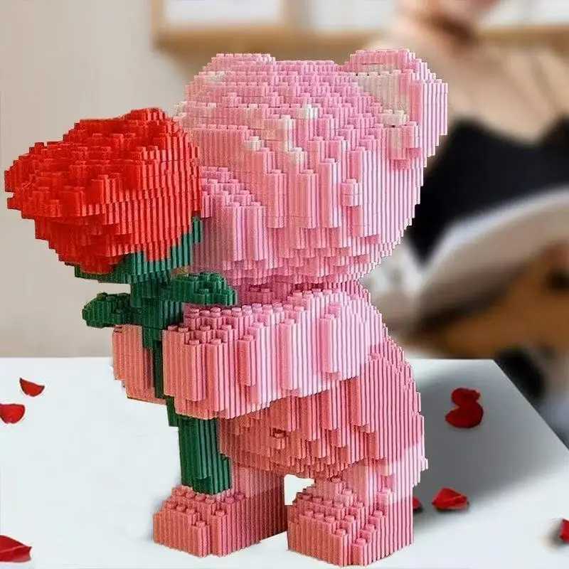 Cute Pink Flower Rose 3D Bear Micro Building Block Toy Educational Toy For Kids Couple Gift Desktop Home Decorations L251016IOMG