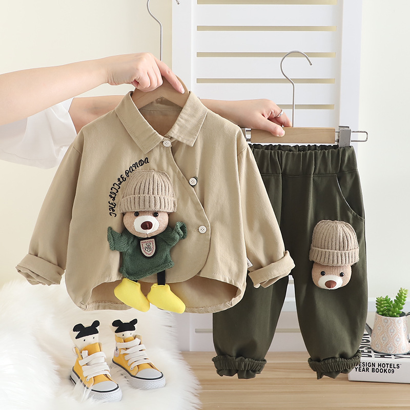 Baby trendy spring outfit set 2025 new children's doll bear shirt two-piece set for boys' spring and autumn long sleeves free shipping