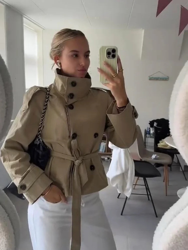Womens Chic Doublebreasted Stand Collar Belted Waist Cropped Trench Coat Shoulder Epaulets Autumn Casual Street Outerwear 251022 - view 3