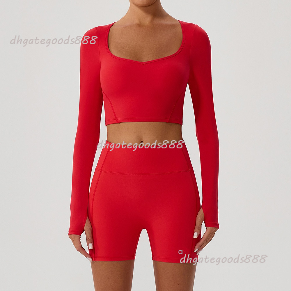 O1090 Naked Yoga Clothes Long-sleeved Dance Pilates Fitness Clothes Tops Women's High-waist Sports Fitness Pants Striped Contrast Yoga Shorts Women