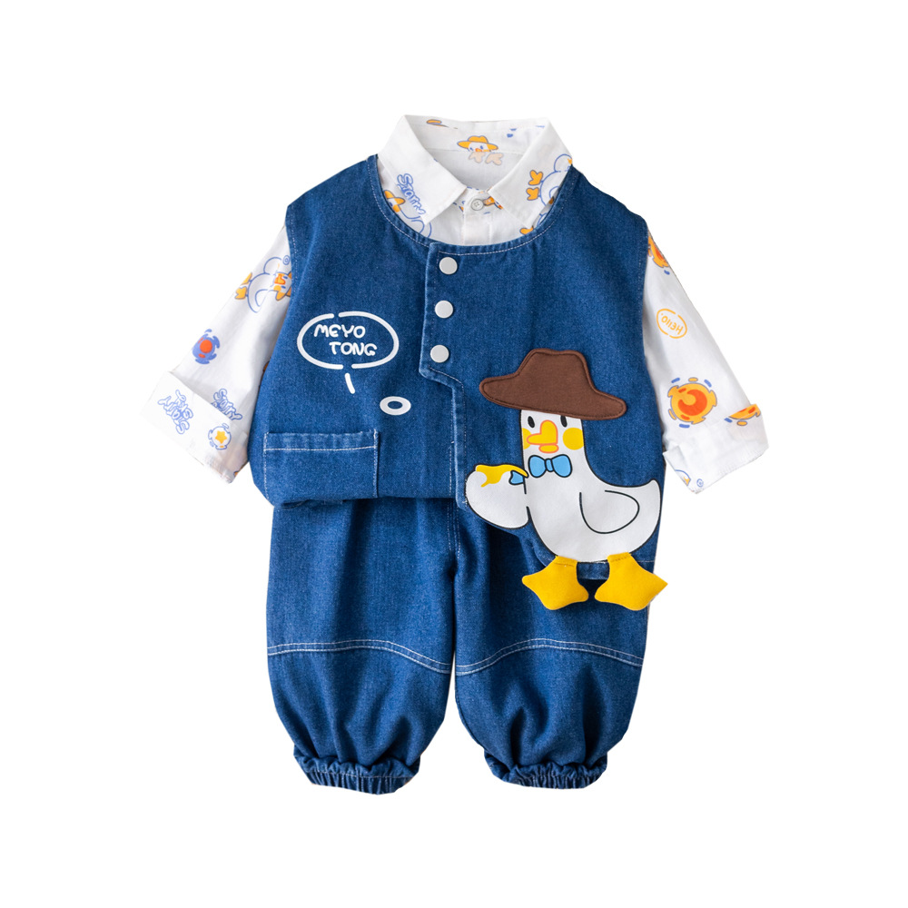 Boys' autumn fashion western-style set, children's 2025 new spring and autumn style cartoon duck cowboy vest three piece set, boys' bab