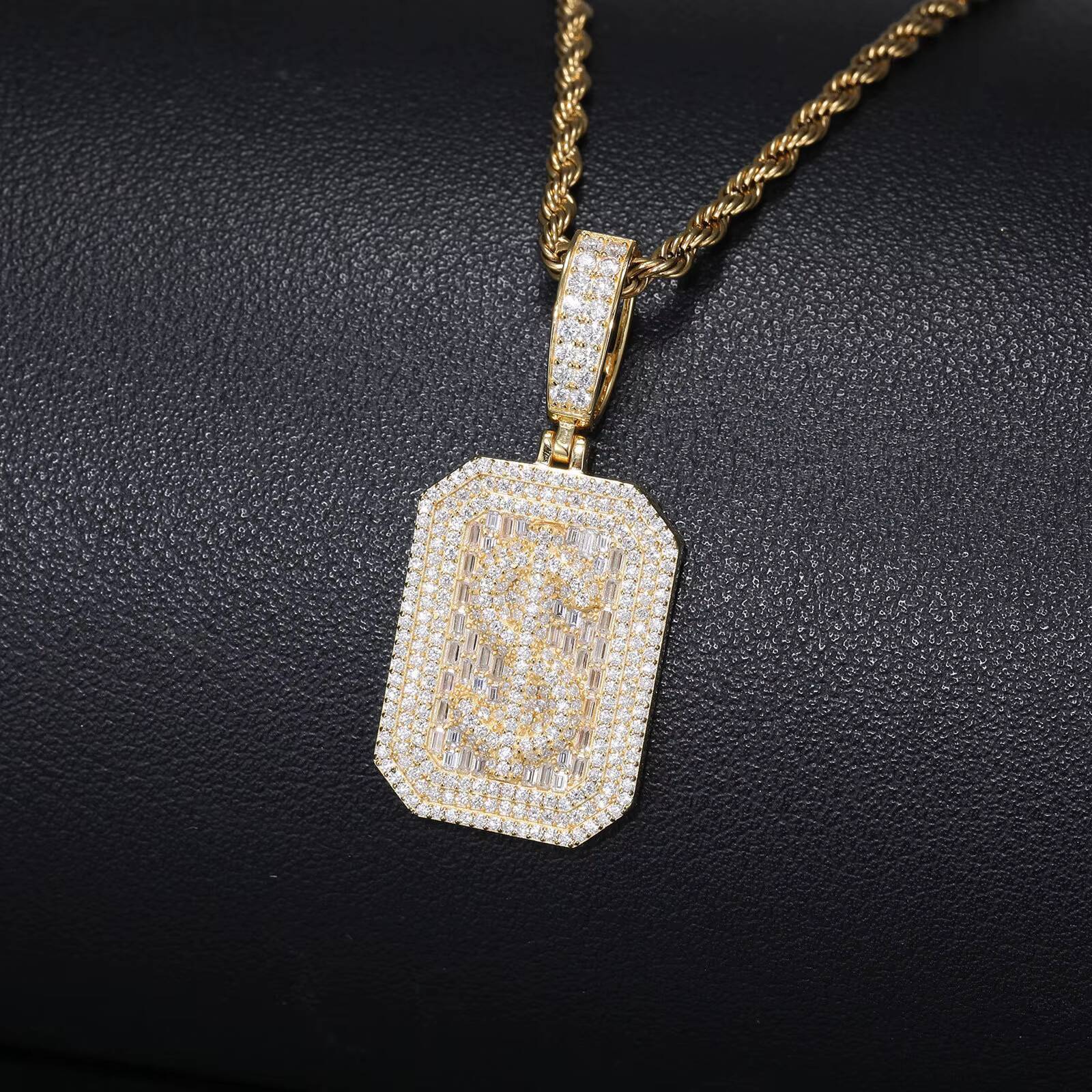 New Arrival 925 Sterling Silver Moissanite Dog Tag Pendant Necklace Iced Out Baguette Dollar Sign Hip Hop Jewelry for Men