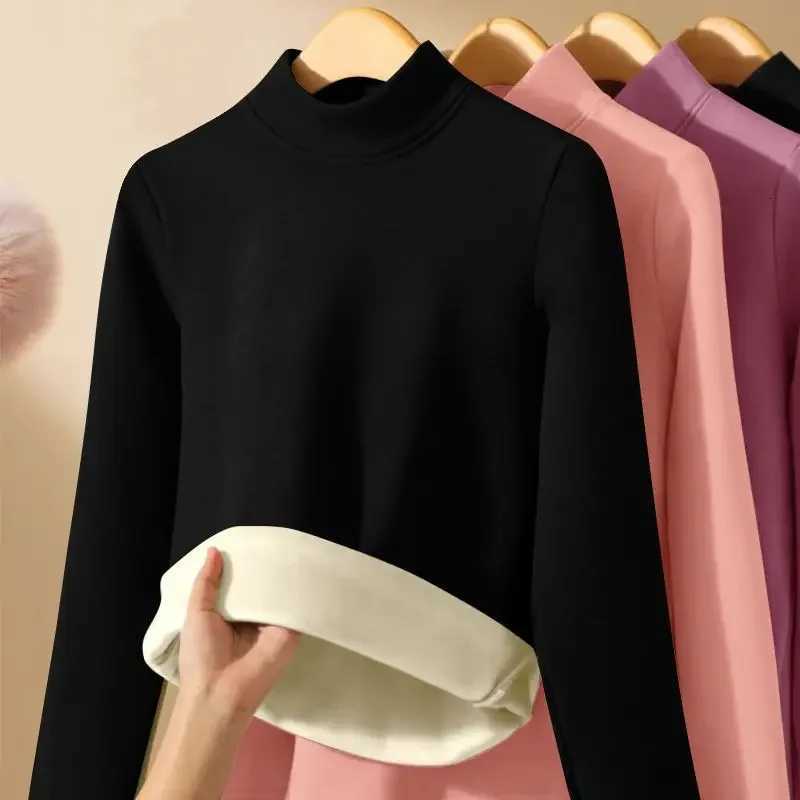 Women Thicken Half Turtleneck Bottom Shirt Double Sided Fleece Lined Warm Tops Delong Inner Wear Slim Long Sleeve Pullover Top T251018