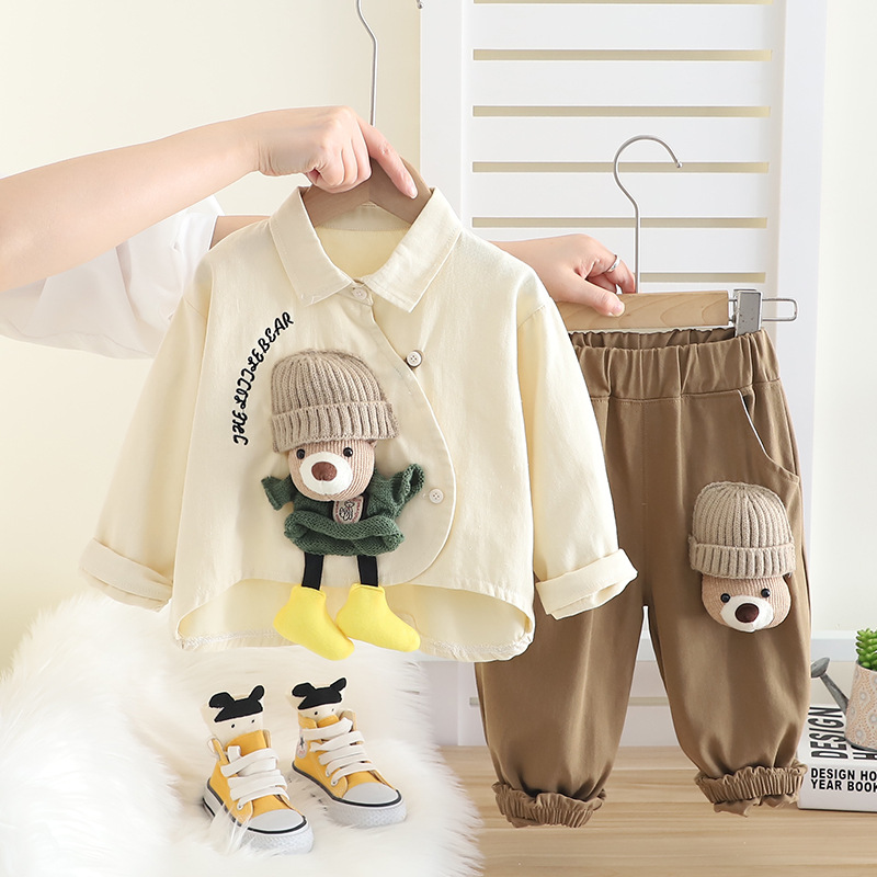 Baby trendy spring outfit set 2025 new children's doll bear shirt two-piece set for boys' spring and autumn long sleeves free shipping