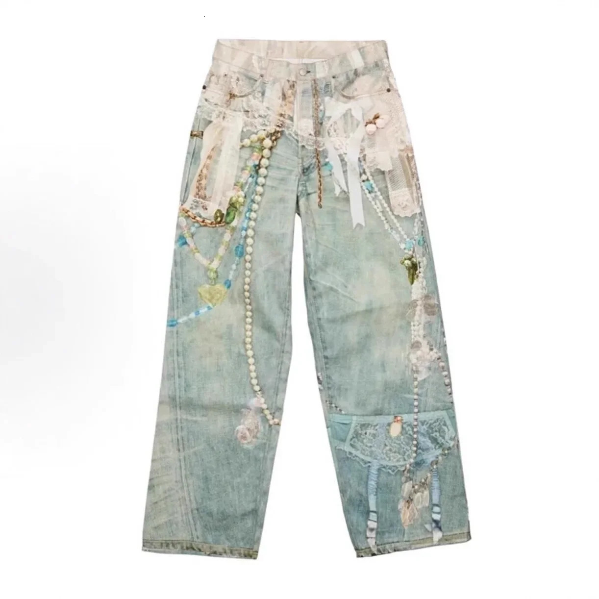 3D Printed Lace Pearl Chain Printed Vintage Denim Jeans High Waist Straight Leg for Men And Women Trendy High Street St 251017