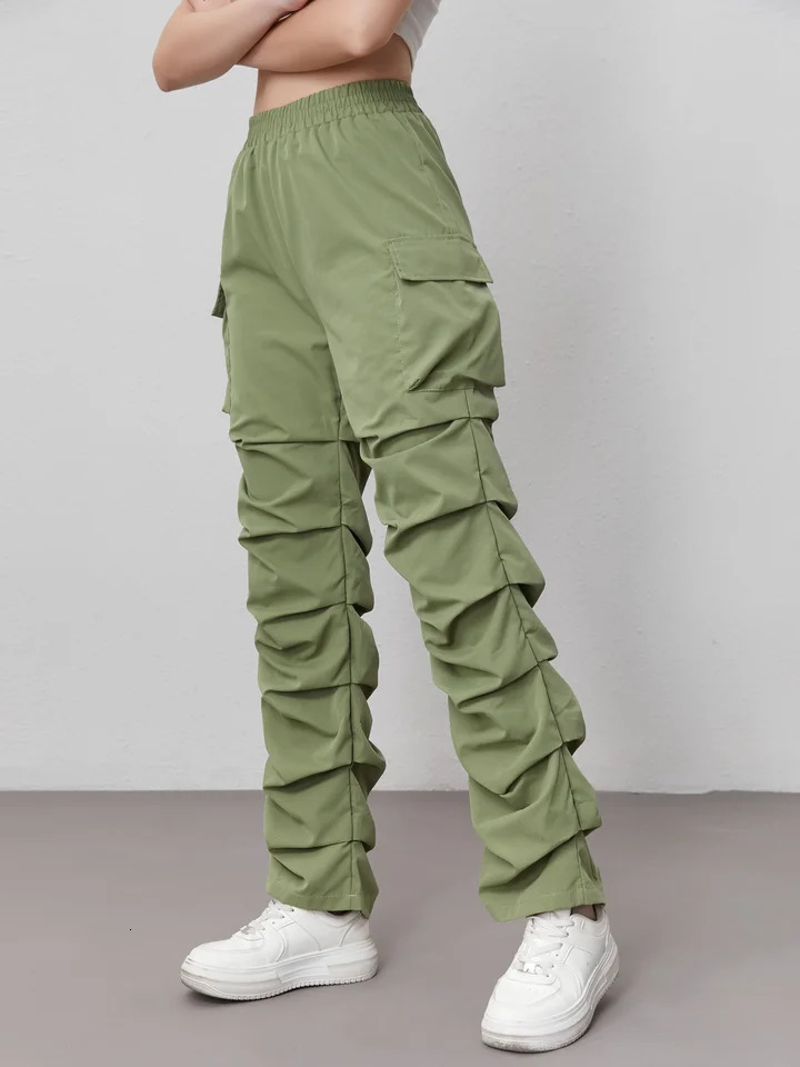Womens Elastic High Waist Cargo Pants with Large Pockets Outdoor Casual Trousers 251017