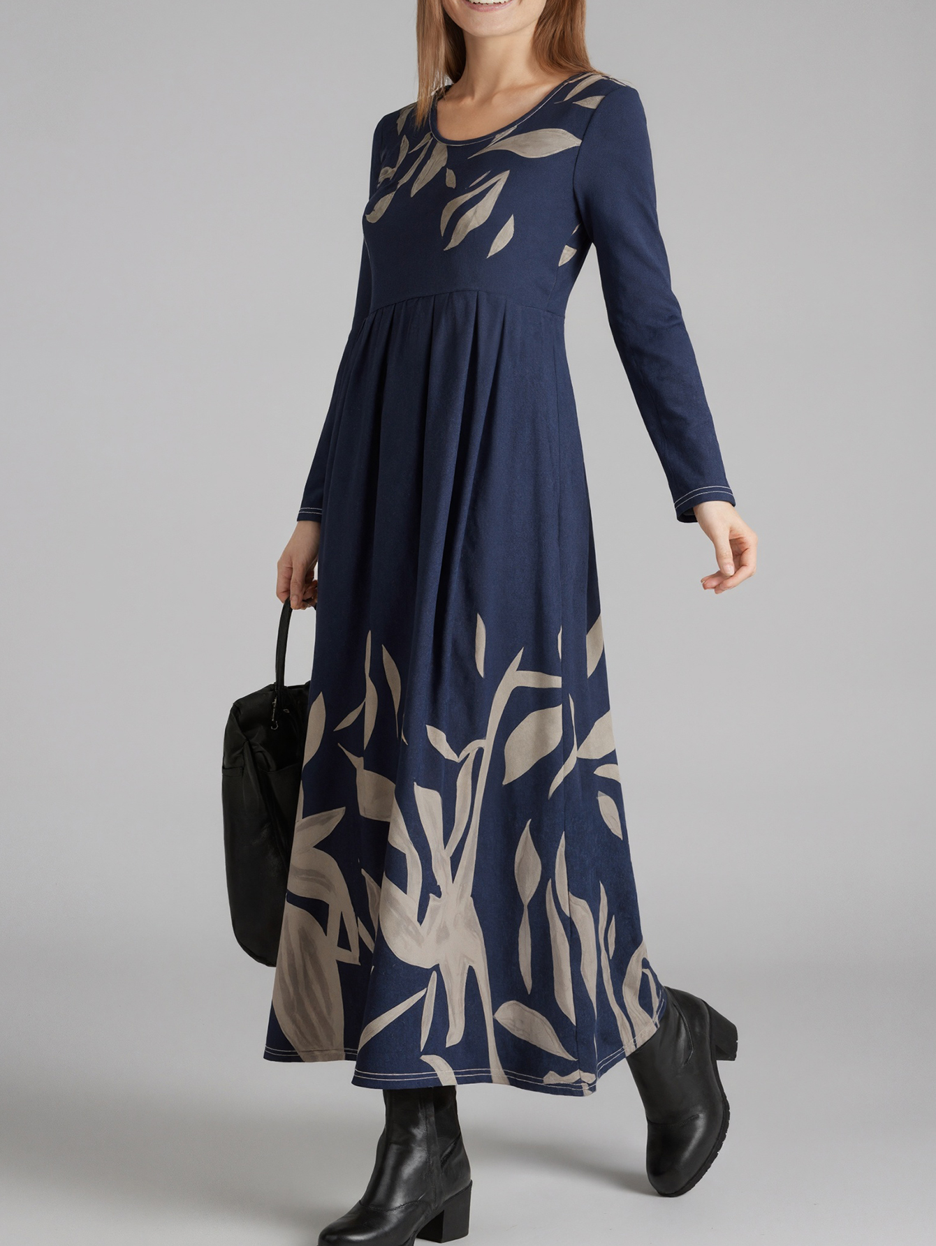 Women's Autumn Winter Botanical Floral Print Maxi Dress - Elegant Office Casual Long Sleeve Dress-CF56260