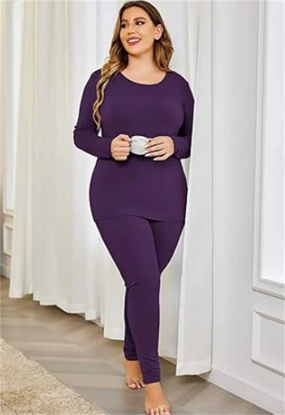 Womens Plus Size Thermal Long Johns Sets Fleece Lined 2 Pcs Underwear Top Bottom Pajama Set 2X 3X 4X T251018