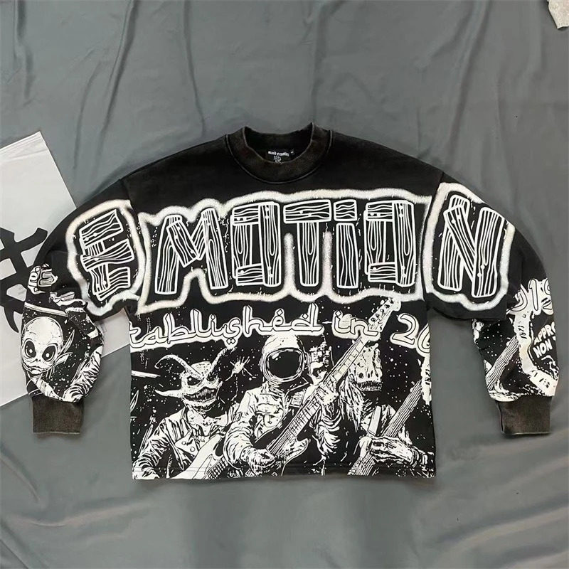 American Hip Hop MIXED EMOTION Black Hoodies Men Women Pure Cotton Drill Letter Printing Oversized Sweatshirt 251017